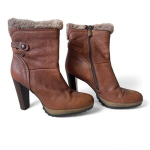 Manas Lea Foscati Italian Brown Leather Ankle Boot Heels w/ Fur Trim US 9-9.5